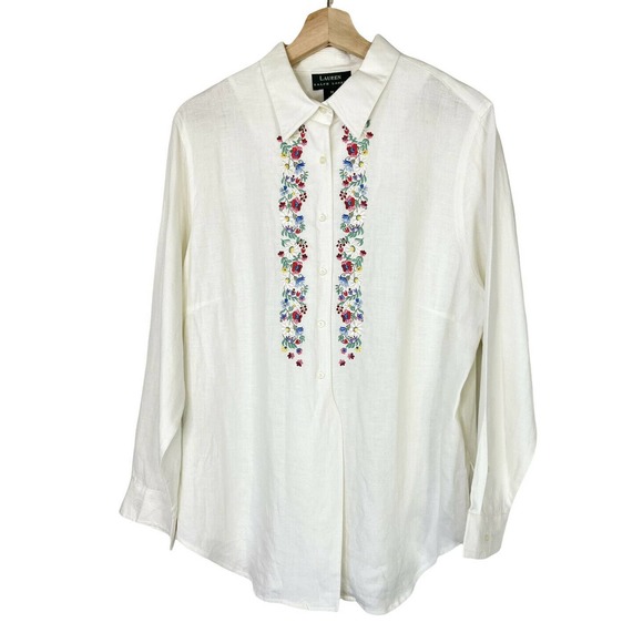 Lauren Ralph Lauren Tops - Lauren Ralph Lauren Plus Size 1X Floral Embroidered 100% Linen Button Blouse